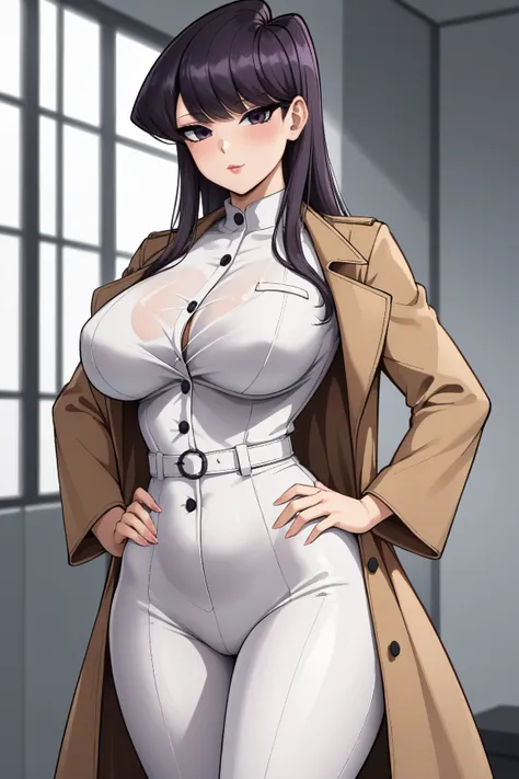 A Character (Komi shouko), looking at viewer, hands on hip, wearing trench coat outfit, beautiful eyes, beautiful hair, large breast, wide hips, curvy, voluptuous body. (Better quality, ultra detailed, detailed eyes)