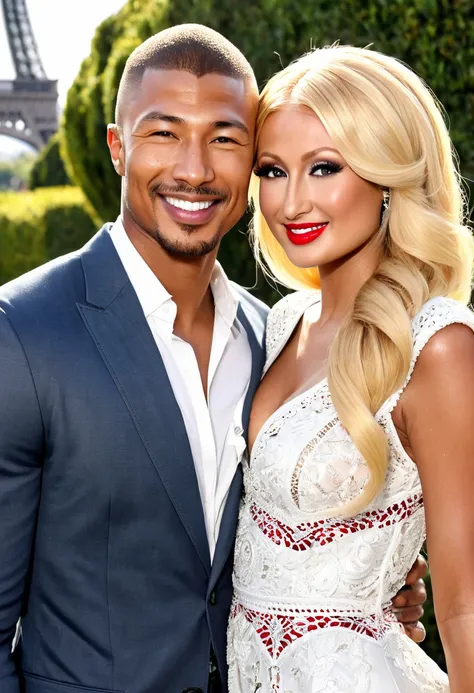 Caucasian socialite Paris Hilton and African American actor Charles Michael Davis pose together for a photo. Both are smiling. Both look happy and in love with each other. Both are dressed casually but attractively for a date. Paris has lovely makeup on he...