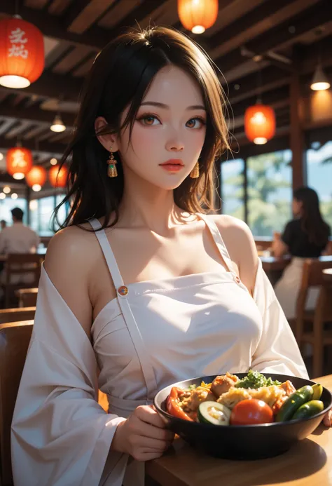 ((Delicate))，( Japanese anime style,  manga:1.25), ( top quality:1.6), (  super high resolution :1.5), (Dramatic:1.75),  8k resolution for kindergarten ren, Mexican restaurant、Latin sexy female chef、 Super Spicy Fried Chicken with Jalapeno Pepper、 lots of ...