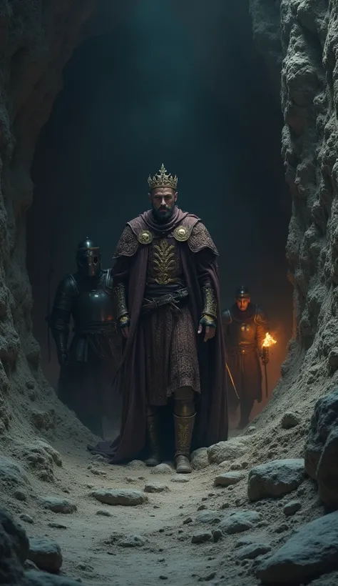 The king hiding inside a deep cave, his back against the rocky walls, looking tense as armored enemy soldiers pass by outside with torches. 6K Ultra HD, highly detailed.