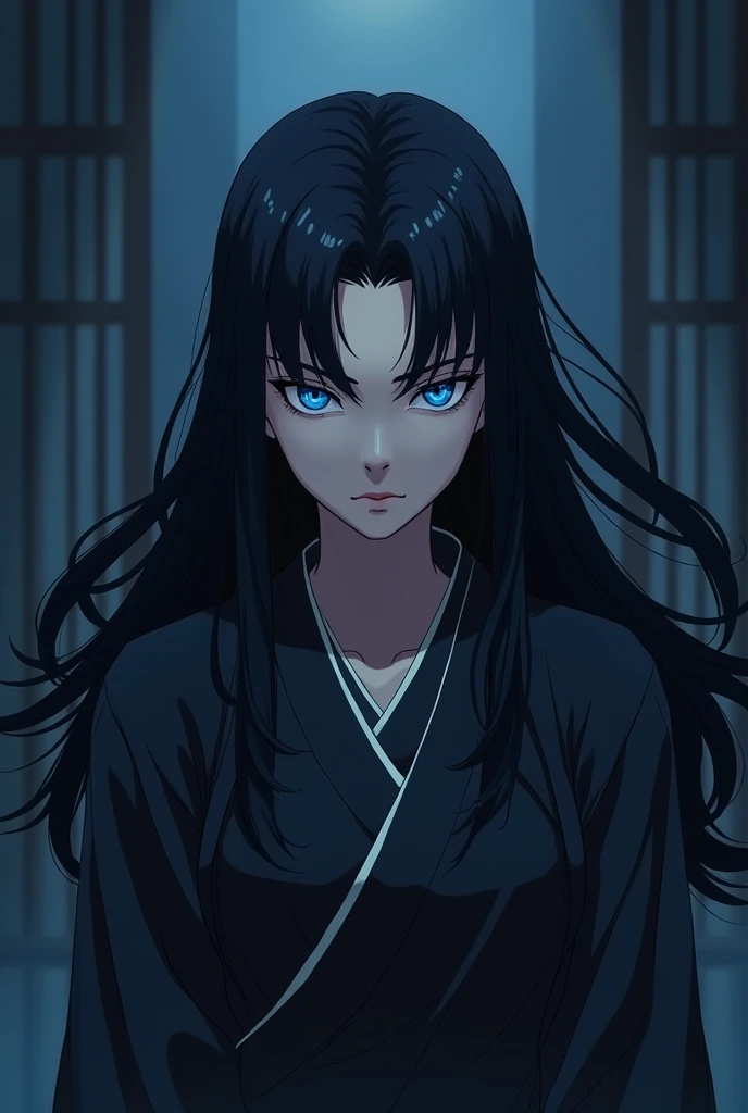 Demon slayer: Kimetsu No Yaiba character anime woman with long black hair without bangs, blue eyes and cold looks 