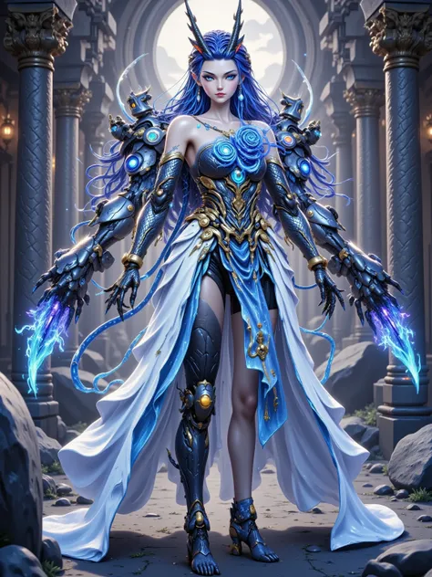 Aorun, long dark blue hair, a pair of dragon horns on the head, Beautiful blonde anime angel woman, blue glowing eyes, elaborate white and black armor with blue roses, holding transparent blue flames in her hands, no leg armor, curly long hair, church back...