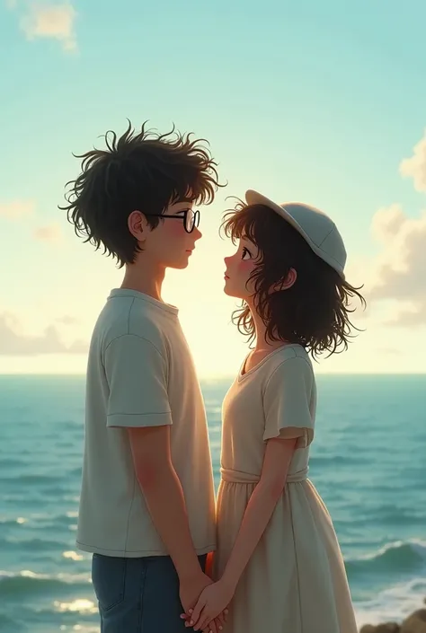 Couple looking out to sea holding hands, Boy with glasses with frizzy black hair girl with dark brown frizzy hair without cap 