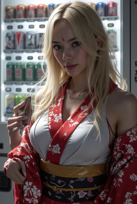 1girl,Japan, forehead_mark, big_boobs, tsunade_(naruto), blonde_hair, mature_female, facial_mark, can, long_hair, japanese_clothes, solo, large_breasts, collarbone, cleavage, looking_at_viewer, kimono, realistic, vending_machine, blurry_background, blurry