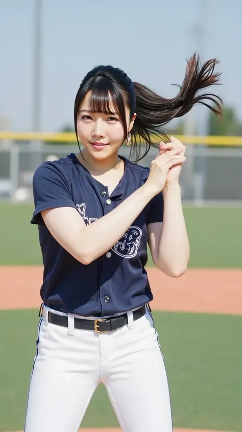 "A dynamic moment of a female baseball player in the middle of a powerful swing, her body in full motion as she connects with an invisible pitch. She is wearing a modern, fitted baseball uniform with a team logo on the chest, her hair tied up in a ponytail...