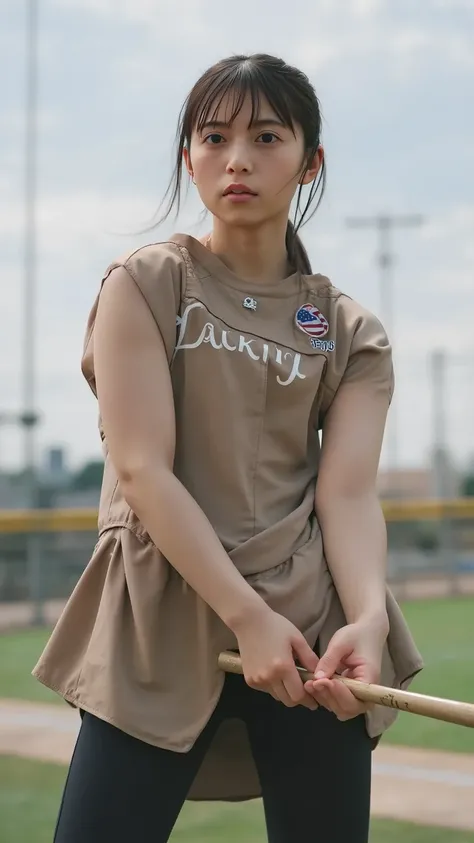 "A dynamic moment of a female baseball player in the middle of a powerful swing, her body in full motion as she connects with an invisible pitch. She is wearing a modern, fitted baseball uniform with a team logo on the chest, her hair tied up in a ponytail...