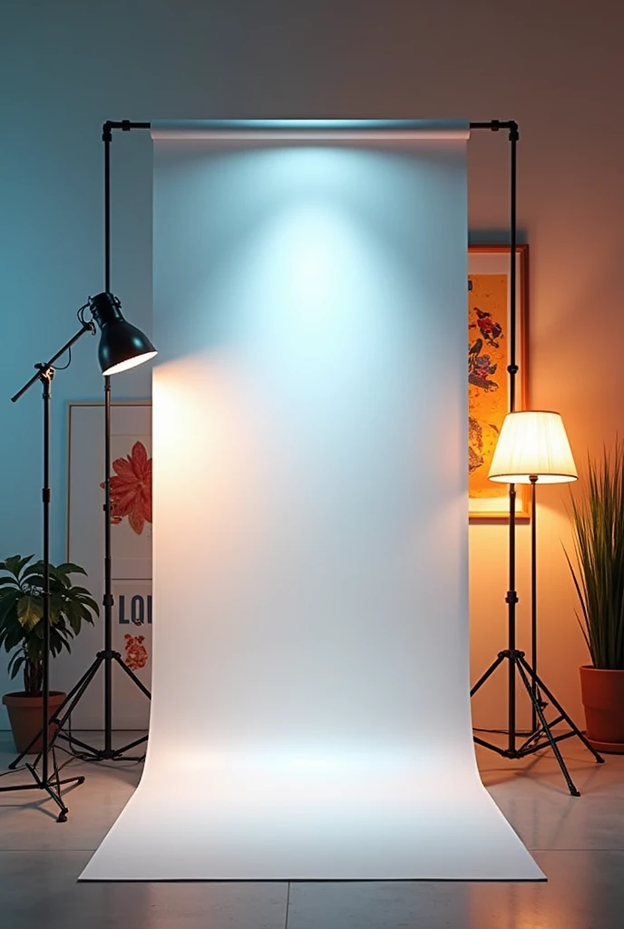 Vertical creative backdrop for videos on top of lamp behind frames 