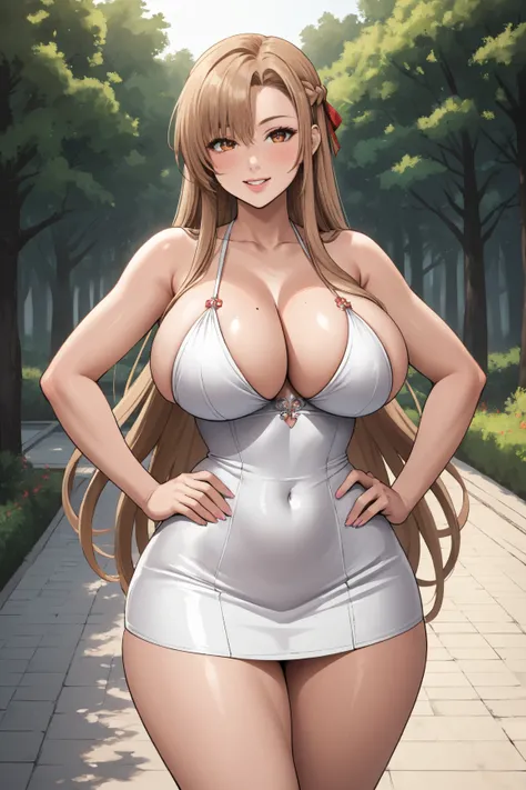 A Character (Asuna Ichinose), looking at viewer, hands on hip, wearing Maxi skirt outfit, beautiful eyes, beautiful hair, large breast, wide hips, curvy, voluptuous body. (Better quality, ultra detailed, detailed eyes)