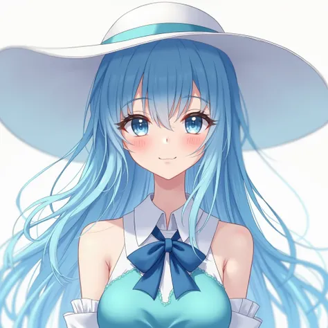 Anime girl with long sky blue waterfall hair wearing big white sun hat on back aquamarine halter dress blue bowtie white collar ribbon flattened y roller