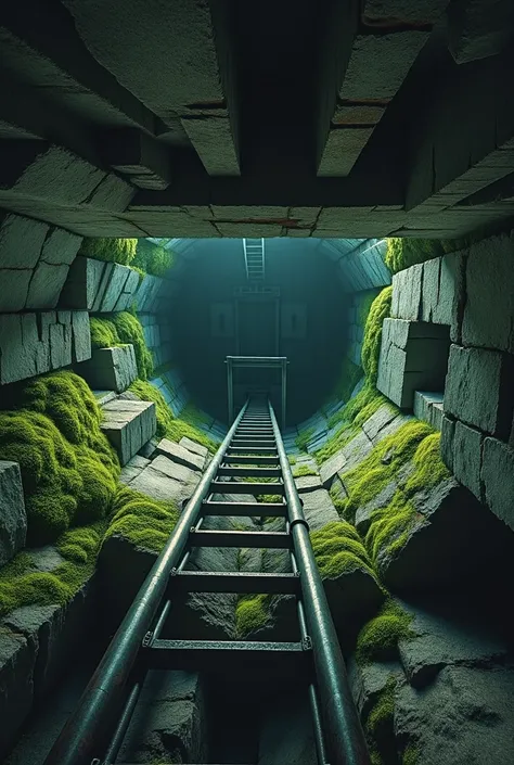 A tall round tower from the inside, with a metal rung ladder.  The walls are made of stone and already covered with some moss.  The tower looks very mystical from the inside. You look up, Up the ladder, Which has more of a rusty tint. You look up.