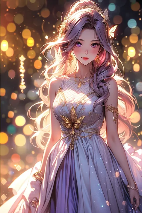 (best quality at best, 8K, a high resolution, masterpiece:1.2), digital artwork, one girl, detailed face, detailed eyes, pink hair, long straight hair, glowing purple eyes, red lips, suspenders, fantasy landscape, vibrant colors, soft lighting, whimsical a...