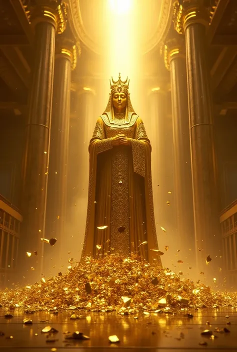 Visual Prompt: A golden idol is being shattered into pieces as a bright divine light shines from above, symbolizing monotheism.