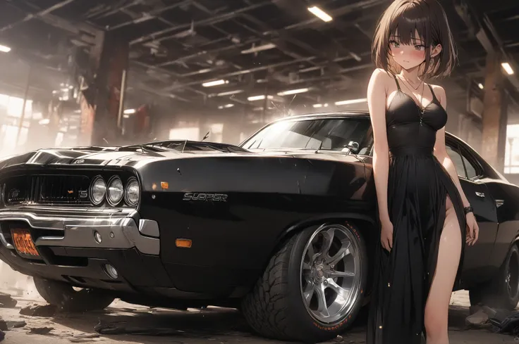 (masterpiece, detailed:1.2), One Girl, (18-years old), brown long Bob Cut, Medium Breasts, BREAK, Highest quality, BREAK, standing next to matte black '69 Dodge super Charger,