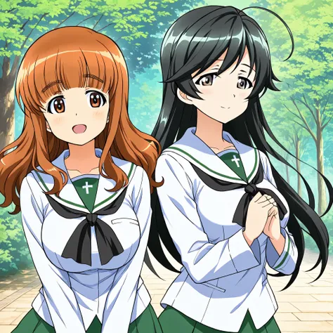 high res, top quality, Super Quality , Takebe Saori , ,Isuzu Hana , two girls、( animated illustration style:1.2), beautiful brown eyes, Attractive brown eyes、 orange beautiful hair、Uniform up、 ( Oarai school uniform :1.3),White sailor collar, black ne...