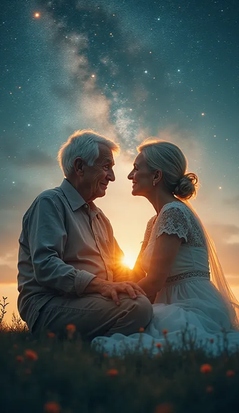 An anime style Create a breathtaking double exposure composition featuring an elderly couple with white hair sitting under a vast, dreamy night sky. The old man gently rests his head on the woman's shoulder, radiating a sense of deep love and lifelong comp...