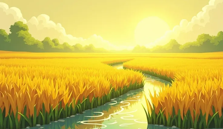 Yellow Ripe Water Rice Field, no character,  style cartoon chibi 3d