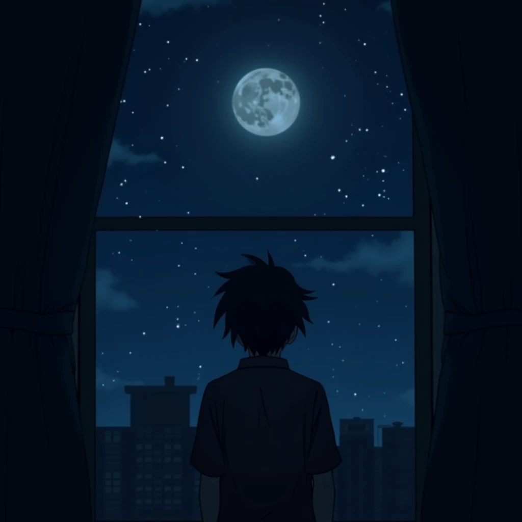 Scene: A wide shot of the protagonist standing by a window, staring into the night sky.
Details: His figure is silhouetted against the moon, alone and contemplating his situation.
Character: The protagonist.
Style: Anime style, the moonlight casting shadow...