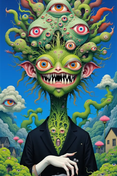 Portrait of a psychedelic creature with eyes all over its face. 