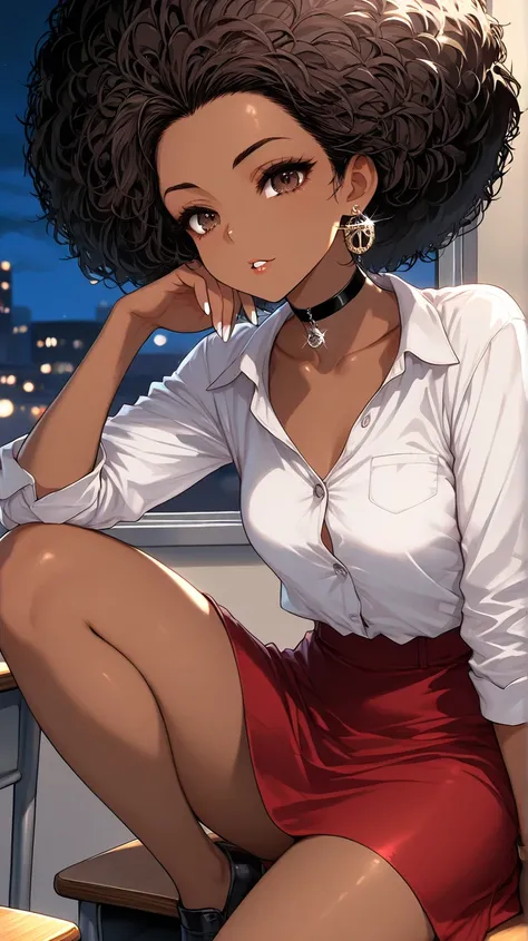 1Girl, Mature, Ebony, African American, Dark Skin, Jet Black Afro, Big Afro, Dark Brown Eyes, White Nails, Dark Brown Eye Shadow, Medium Chest, Red dress, Black Cropped Button-Up Shirt, Black Choker, Looking At Viewer, Bored, Light Smile, Teeth, Parted Lip...