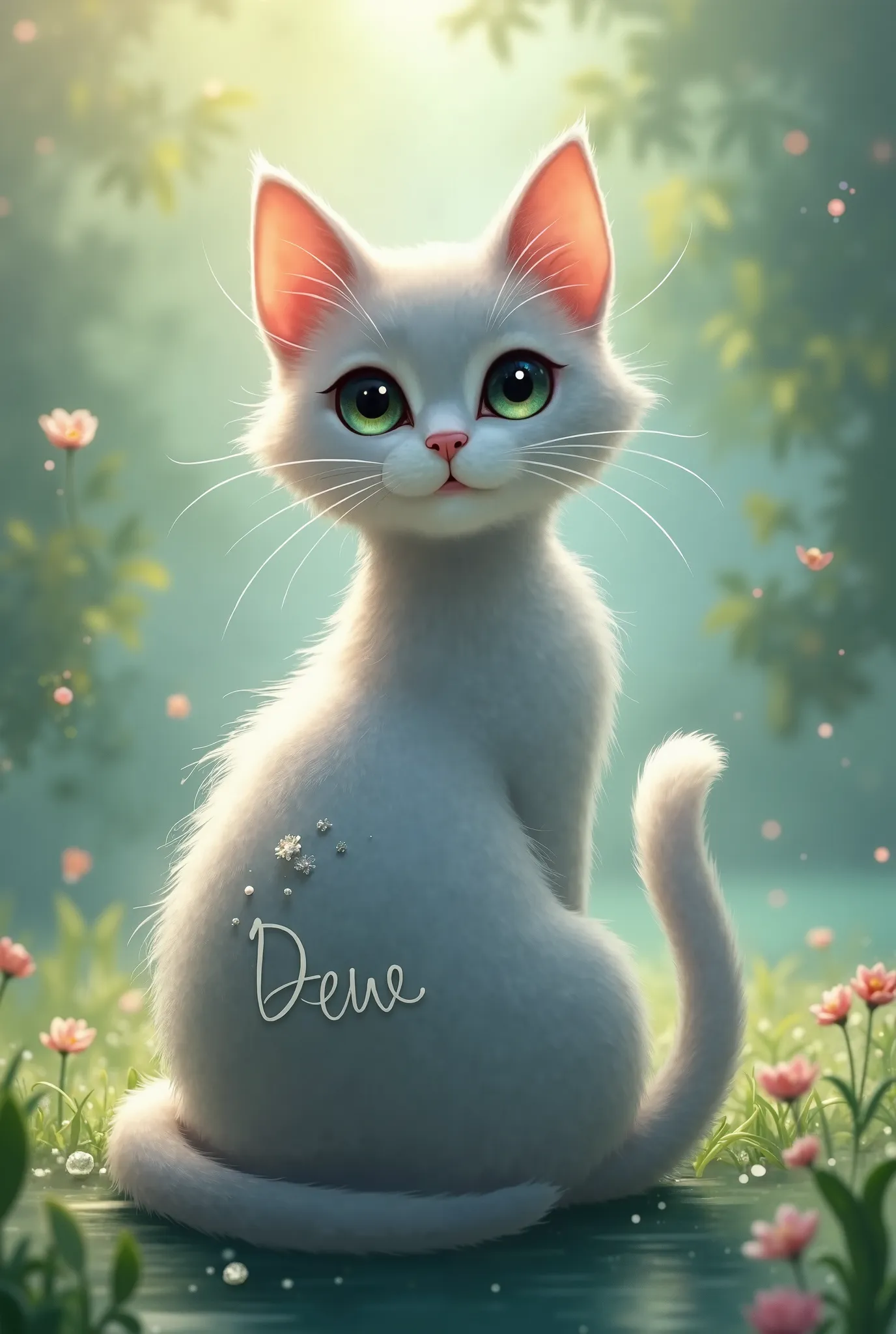 Make a picture of a cat with the name DEW on the back.