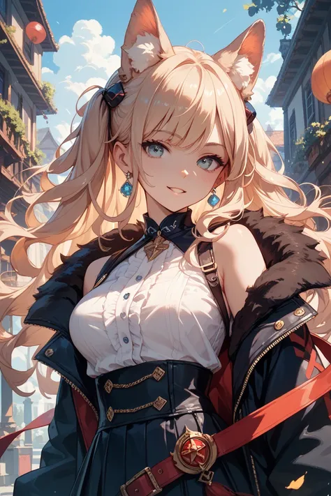 Please give me an illustration of a high school girl with long, fluffy hair, and a mysterious youth！