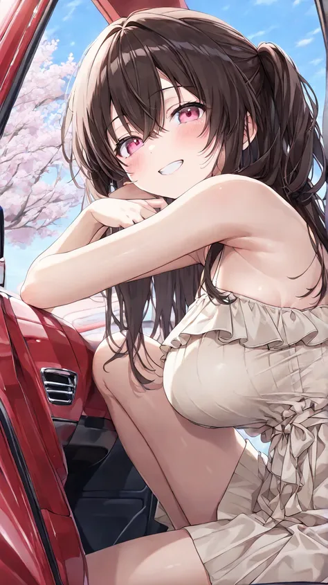 driveing, from side, red convertible 、sitting, blue sky、spring、Cherry blossom trees、 Sakurabuki、grin, spring fashion, large breasts, (  1girl , slim, cute young woman,   delicate beautiful eyes , high definition , random hair, masterpiece, pictures of girl...