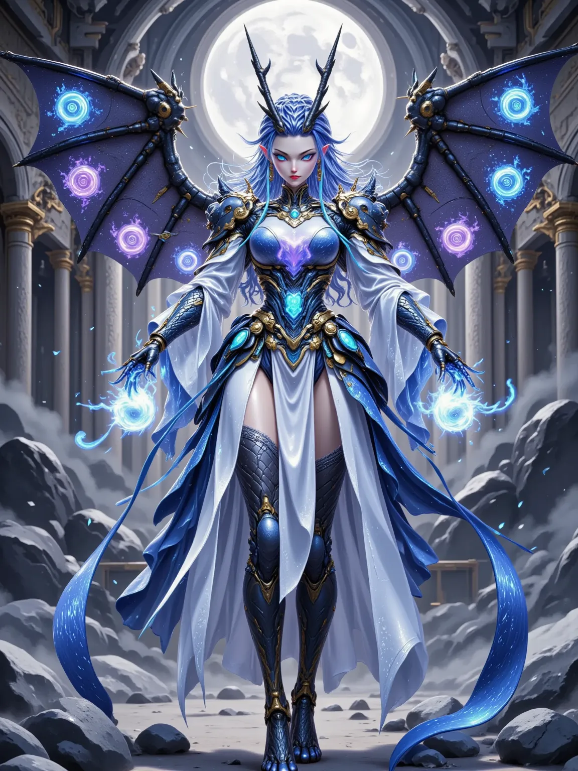 Aorun, long dark blue hair, a pair of dragon horns on the head, Drawing, Portait, Beautiful blonde anime angel woman, blue glowing eyes, elaborate white and black heavy platearmor with blue roses, holding transparent blue flames in her hands, no leg armor,...