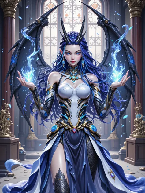 Aorun, long dark blue hair, a pair of dragon horns on the head, Drawing, Portait, Beautiful blonde anime angel woman, blue glowing eyes, elaborate white and black heavy platearmor with blue roses, holding transparent blue flames in her hands, no leg armor,...