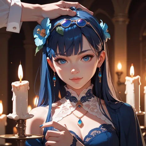 Anime girl, dark blue hair, candle on head