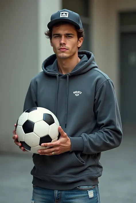 Man holding soccer ball and wear snap back,hoddie,and ripped jean