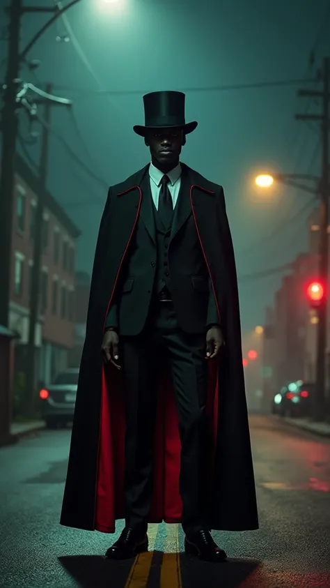 black man in a black top hat with a black cape and red lining at a Crossroads under a streetlight with a flickering light stunning composition 35mm film grain dramatic light masterpiece ultra detailed 