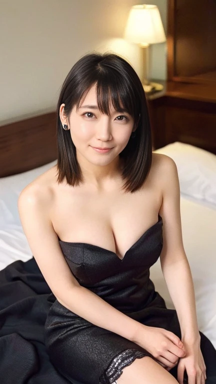  female 1 person, beauty, beautiful face, detailed face、 10th Generation 、smile,( blushing embarrassed expression:1.35)、 crouch down and watch the audience, Hall々A stylish appearance 、 plump style 、((heavy,   sagging breasts)),(Black slip dress，  see-throu...