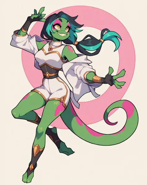 1girl, solo, green skin, adult female, gecko, lizard girl, not human, anthro, black hair, long hair, low ponytail, teal hair highlights, elegant, sexy, pretty face, pink markings on skin, gold eyes, long simple tail, lizard, full body pose, sexy smile, Hig...