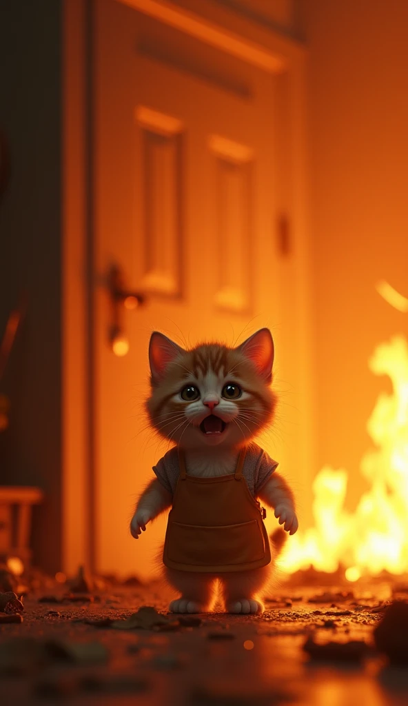 " a dramatic scene showing fire spreading in a house, with the kitten wearing a tiny apron looking scared and asking for help.  The flames are bright and intense , With smoke in the background ."

