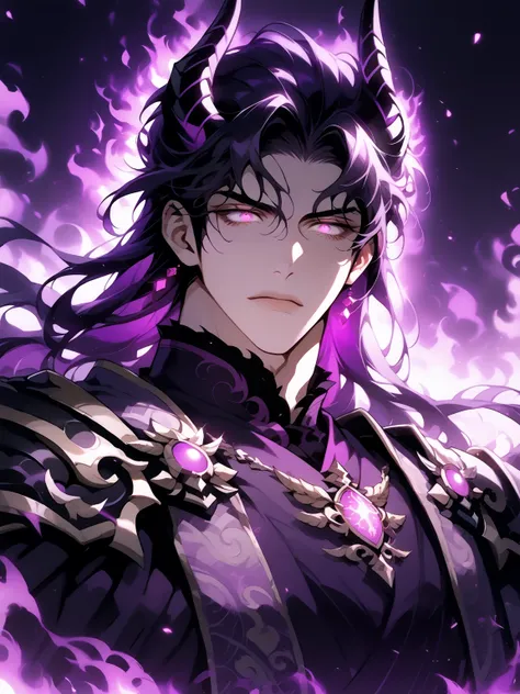 (score_9, score_8_up), score_7_up, adult male, Beautiful man - serious and mature man.
Completely covered in detailed armour of obsidian material with purple details (glowing, neon), which seemed like purple fire.
With long black hair, hairstyle with a bac...