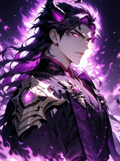 (score_9, score_8_up), score_7_up, adult male, Beautiful man - serious and mature man.
Completely covered in detailed armour of obsidian material with purple details (glowing, neon), which seemed like purple fire.
With long black hair, hairstyle with a bac...