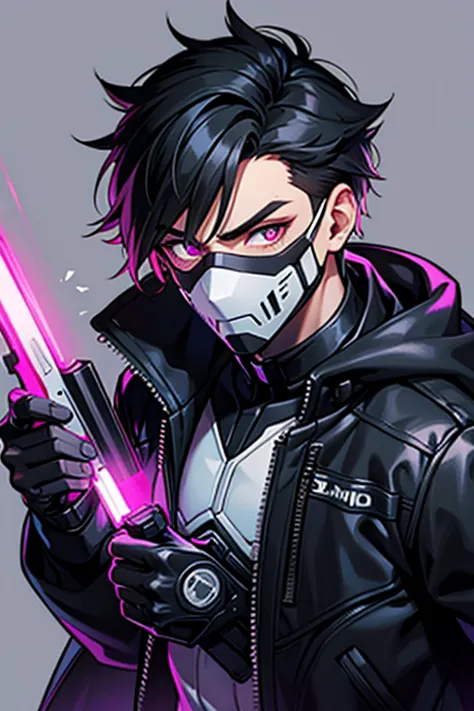 Black hair, mask neon led, Gender: male,Holding 2 revolvers,Black coat 