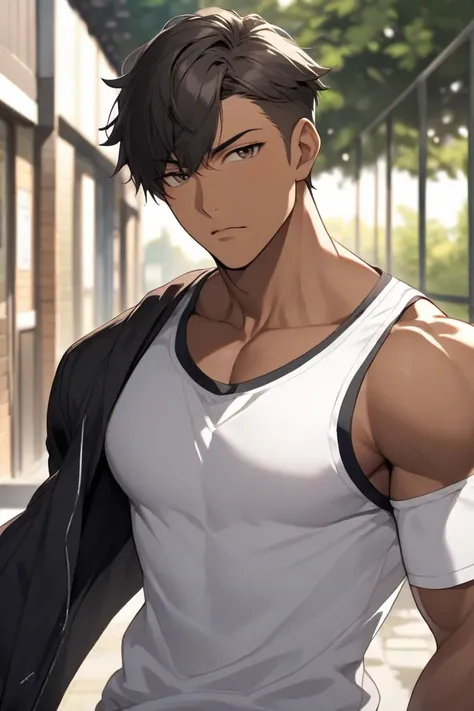 Asian male high school student with large, broad shoulders, manly appearance, dark skin, and very short hair