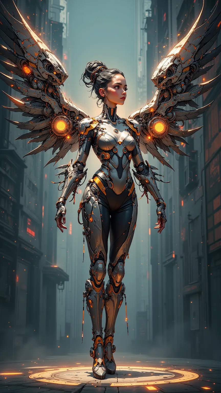  Fascinating Artwork ， Shows the Surreal Combination of a Modern Ballet Dancer with Mechanical Wings， Exquisite and Charming ，futuristic， Industrial Design Elements ， the glow of an empty spirit ，Metallic tones，Future Concepts ，Fantastic atmosphere， Ballet...