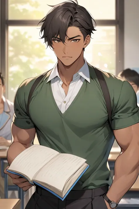 Asian male high school student with large, broad shoulders, manly appearance, dark skin, and very short hair