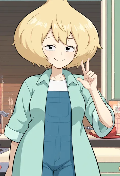 ((bedroom background)),score_9, score_8_up, score_7_up,score_6_up, 
1girl, Solo, VidaliaMilf_SU, mature, pale white skin, black eyes, pale blonde hair, short hair, messy voluminous hair, large mint green shirt, blue overalls with cuff over pants, white t-s...