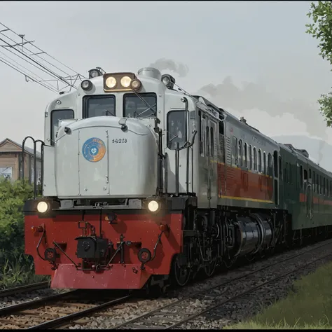 Masterpiece, hires, best quality, 2d, 1train, white color, red bumper, locomotive, diesel locomotive, KAI, railway station, lamp, coupler, outdoor, no human, no people, alone 