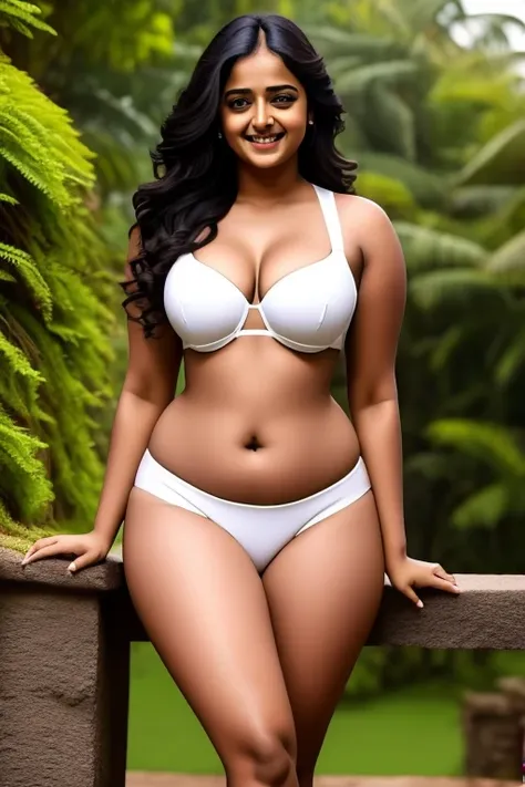 Anushka Shetty, curvy, curvy hip, deep navel, big ass, smile, narrow waist, strapless bra, British, 20s, beautiful, , white, front view, in country side