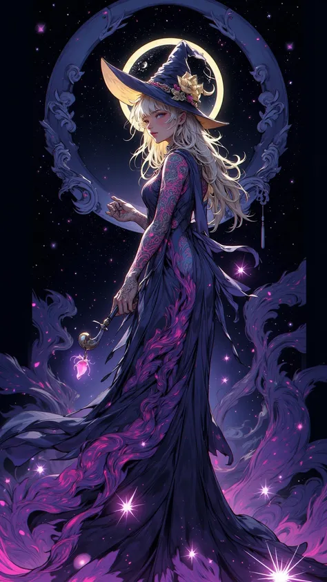  Fascinating Illustration ， With a Flowing Glow in the Night Sky ，擁有一種飄渺的光芒， Exquisite Tattoo ， Shown an Elegant Witch ，Cosmic Energy，Crystal Tear Drops ， Charming Illustration ， Mysterious Halo ， Floating Moon Phase ， Poetic Charming 。