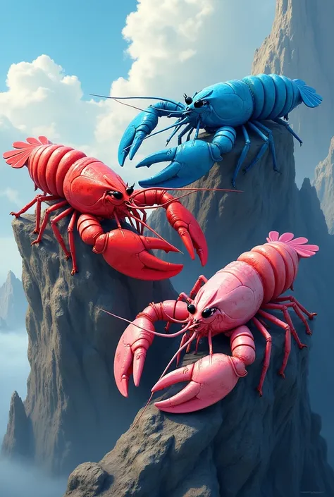 Three crayfish  ( blue,  red, pink )  sit on a mountain
