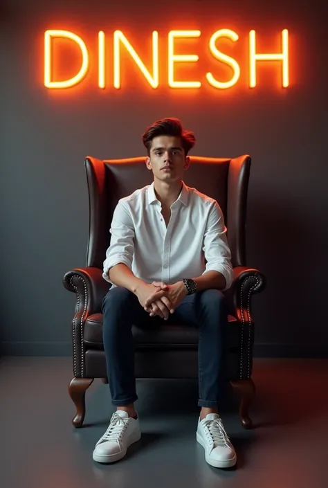 Create a 3D illusion for a profile picture where a 18 Year old cute boy in a white shirt Sitting casually on a Wingback chair. Wearing sneakers, he looks ahead. The background features "DINESH" in big and capital Orange neon light fonts on the dark grey wa...