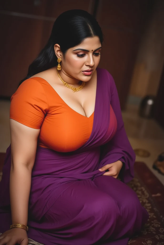 A beautiful plus size aunty in Tamil Nadu  She is wearing a purple saree and orange blouse bending down on the floor with a cloth, her legs are crossed,  She has a fleshy wide belly You can see her cleavage and thighs. In the room, . She has a sad expressi...