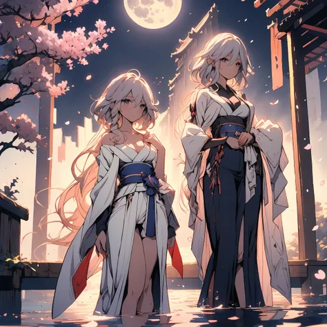 「The full moon shines against the lake at night 、 A beautiful anime-style woman with a fantastic atmosphere 。 wearing a traditional Japanese white kimono 、 Her chest and thighs are sexy if only boldly sexy Design 。 long pink hair fluttering in the wind 、 s...