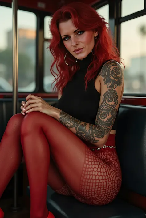 Masterpiece, real artwork, beautiful woman, wavy red hair, patterned red pantyhose,  turtleneck top, large breast, fashion red tights, stilettos, tattooed body, hoops earrings, seductive posture, in the bus , beautiful ass