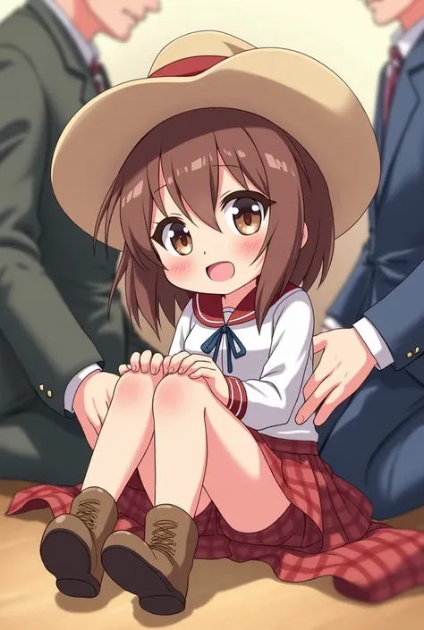 Anime very cute chibi little cowgirl 9years old wearing a very short skirt and wearing shoes full body image with a group of men's hands around her body hands holding girl's hands and hands holding girl's legs and hands touching girl's thigh and hands touc...